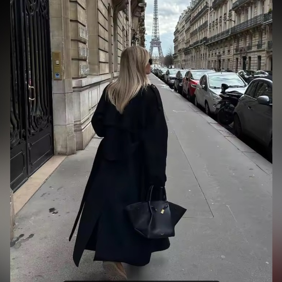 Pea coat long black belted winter fall women’s button - Picture 3 of 7